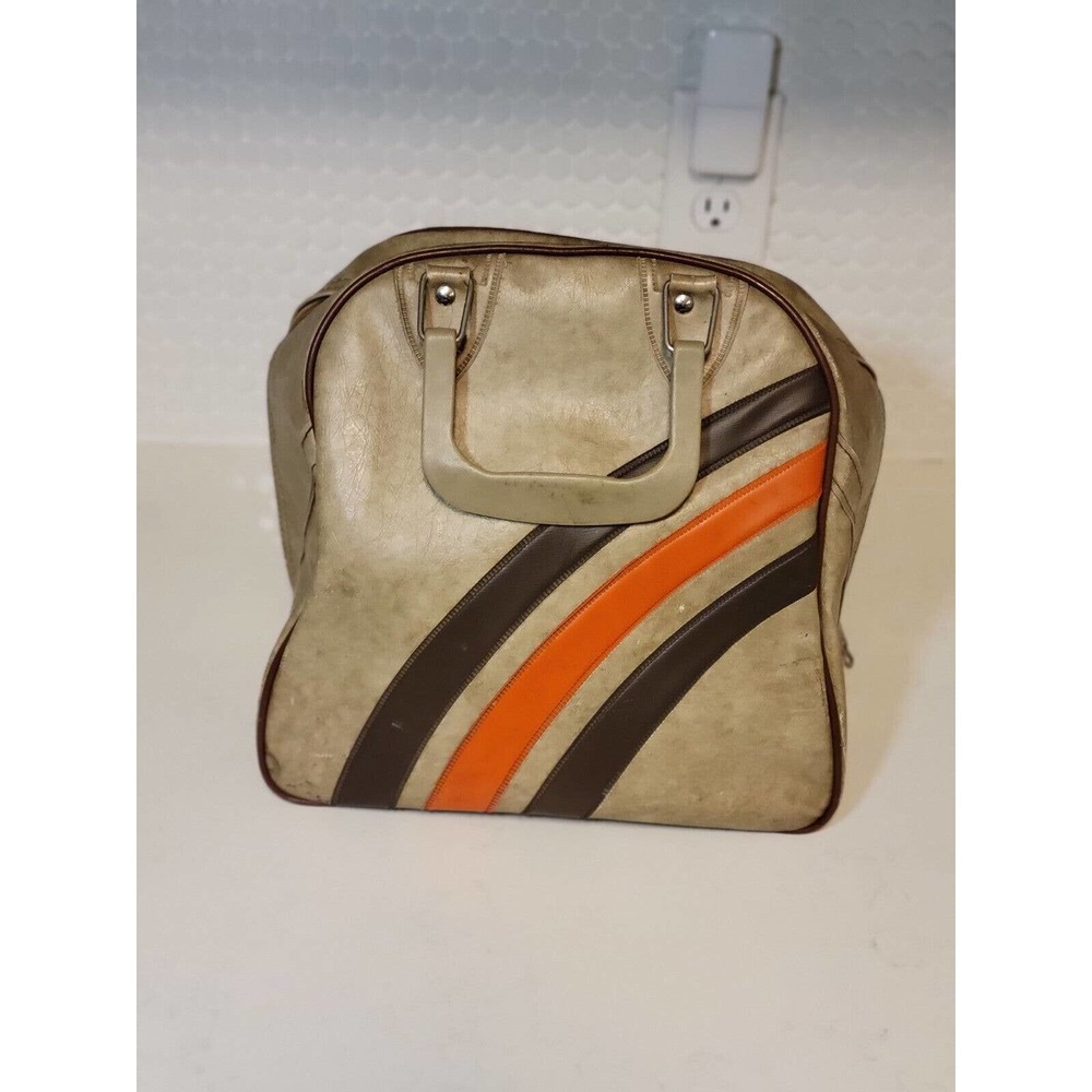 Vintage C&C Ideal Tan Orange & Brown Stripes BOWLING BAG w Metal Rack 70’s Retro